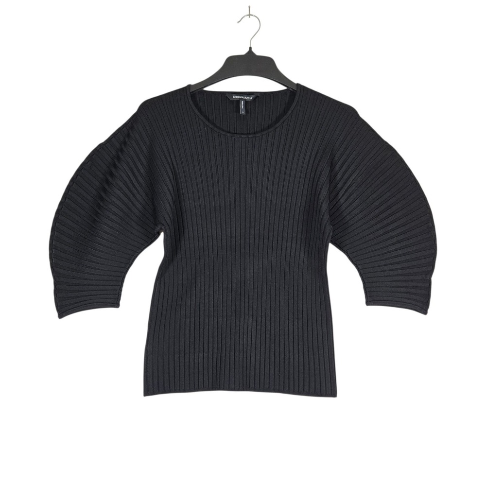BCBGmaxazria Barrel 3/4 Sleeve Knit Top Womens Large Black Heavy Ribbed Knit